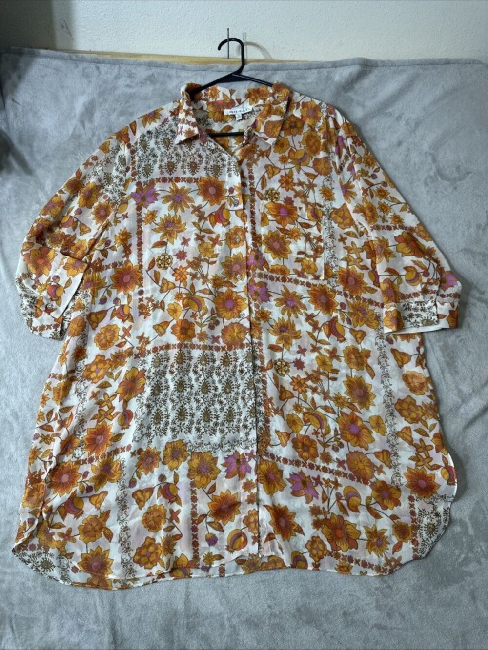 Rose + Olive Floral Blouse 2X Boho Button Front Top